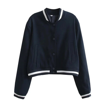 Jackets- Women's Sporty Cropped Jacket with Contrast Trim- Navy- Pekosa Women Fashion