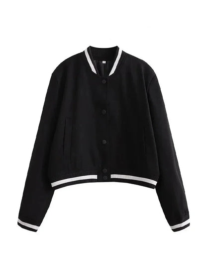 Jackets- Women's Sporty Cropped Jacket with Contrast Trim- - Pekosa Women Fashion