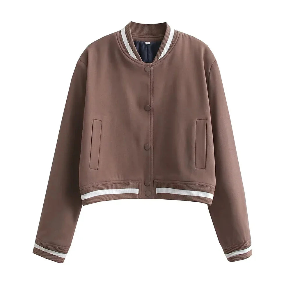 Jackets- Women's Sporty Cropped Jacket with Contrast Trim- Brown- Pekosa Women Fashion