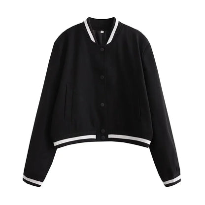 Jackets- Women's Sporty Cropped Jacket with Contrast Trim- Black- Pekosa Women Fashion