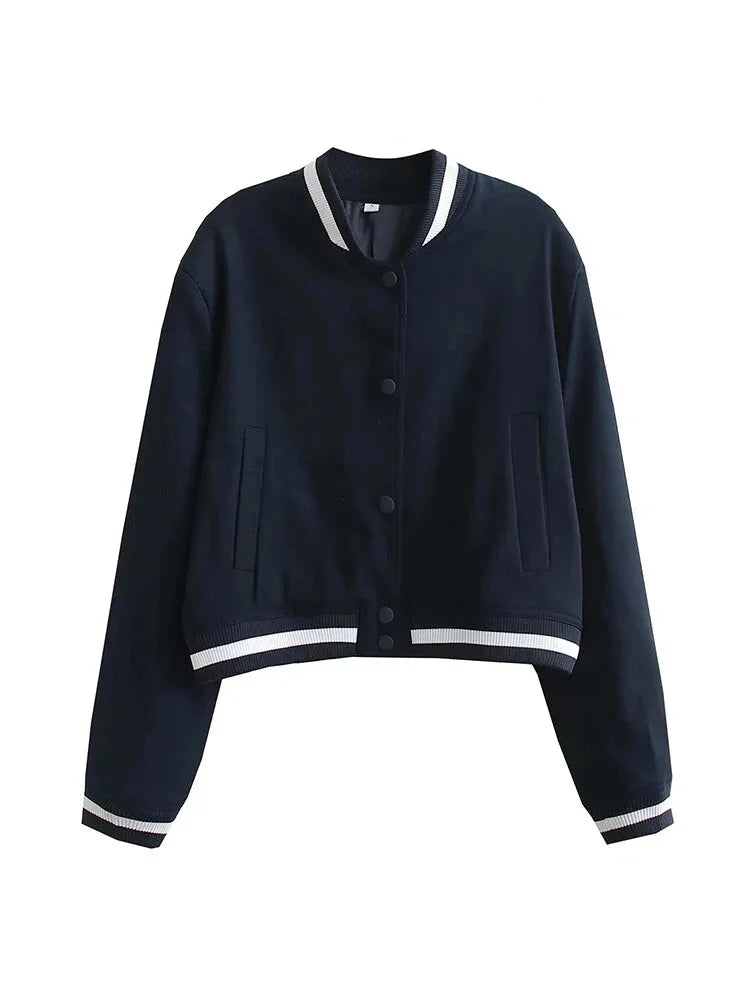 Jackets- Women's Sporty Cropped Jacket with Contrast Trim- - Pekosa Women Fashion