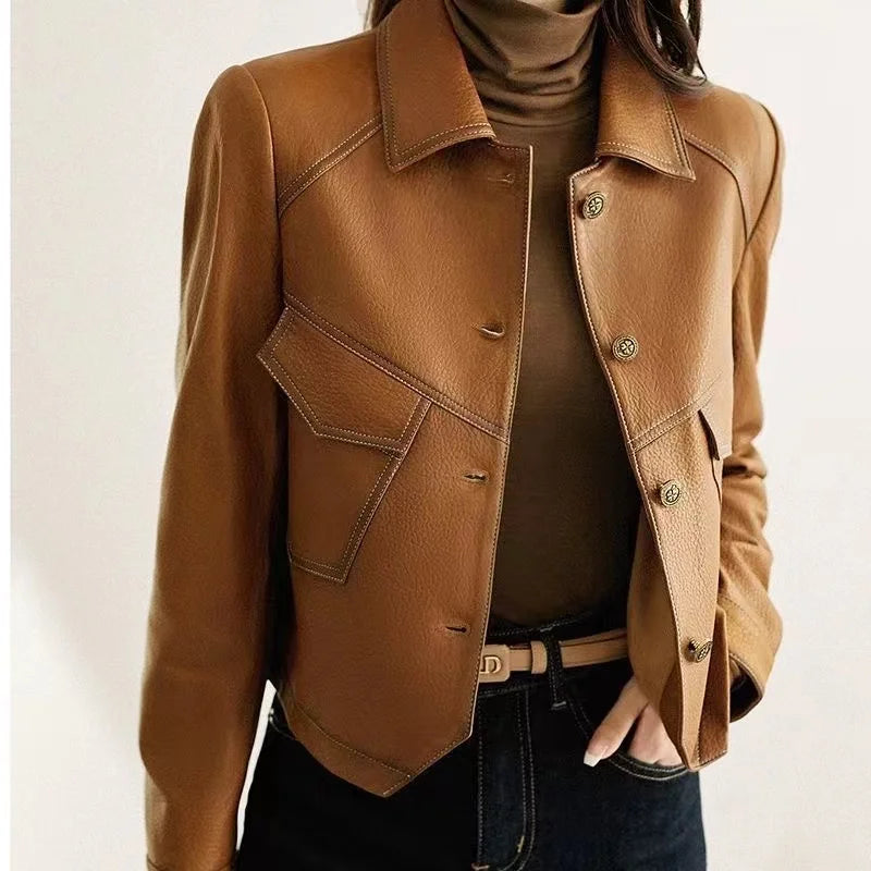 Jackets - Stitched Faux Leather Crop Jacket Outwear