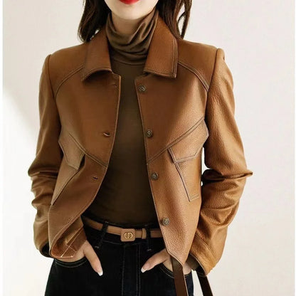 Jackets - Stitched Faux Leather Crop Jacket Outwear