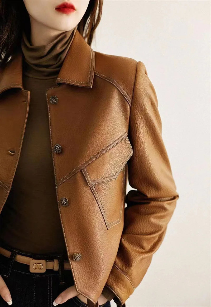 Jackets - Stitched Faux Leather Crop Jacket Outwear