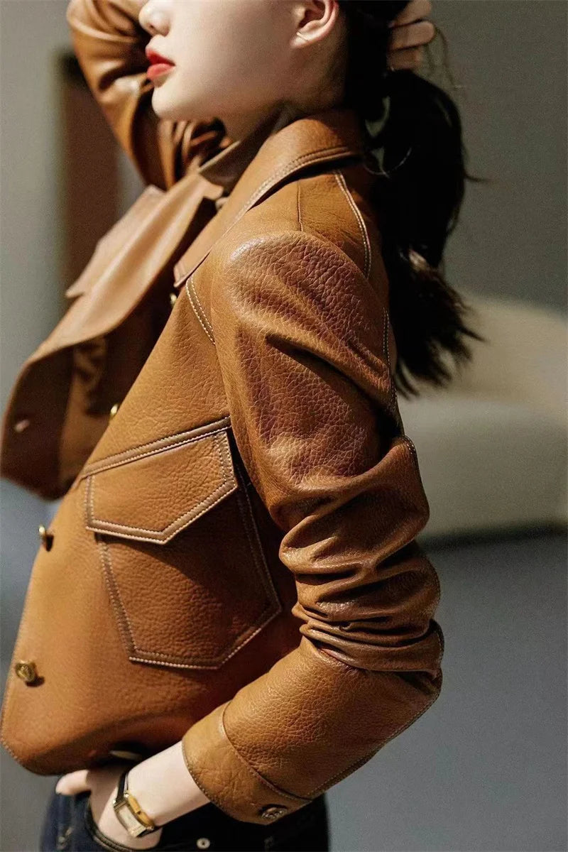 Jackets - Stitched Faux Leather Crop Jacket Outwear