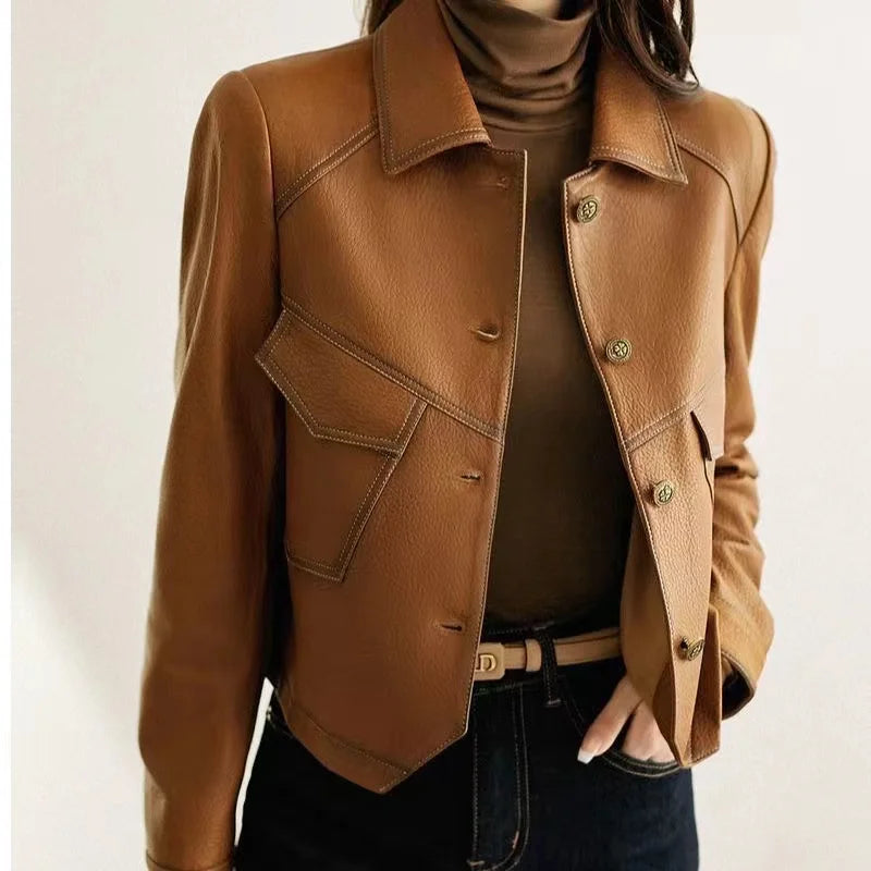 Jackets - Stitched Faux Leather Crop Jacket Outwear