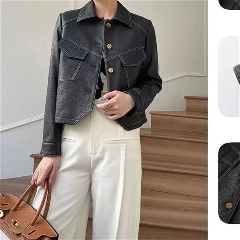 Jackets - Stitched Faux Leather Crop Jacket Outwear