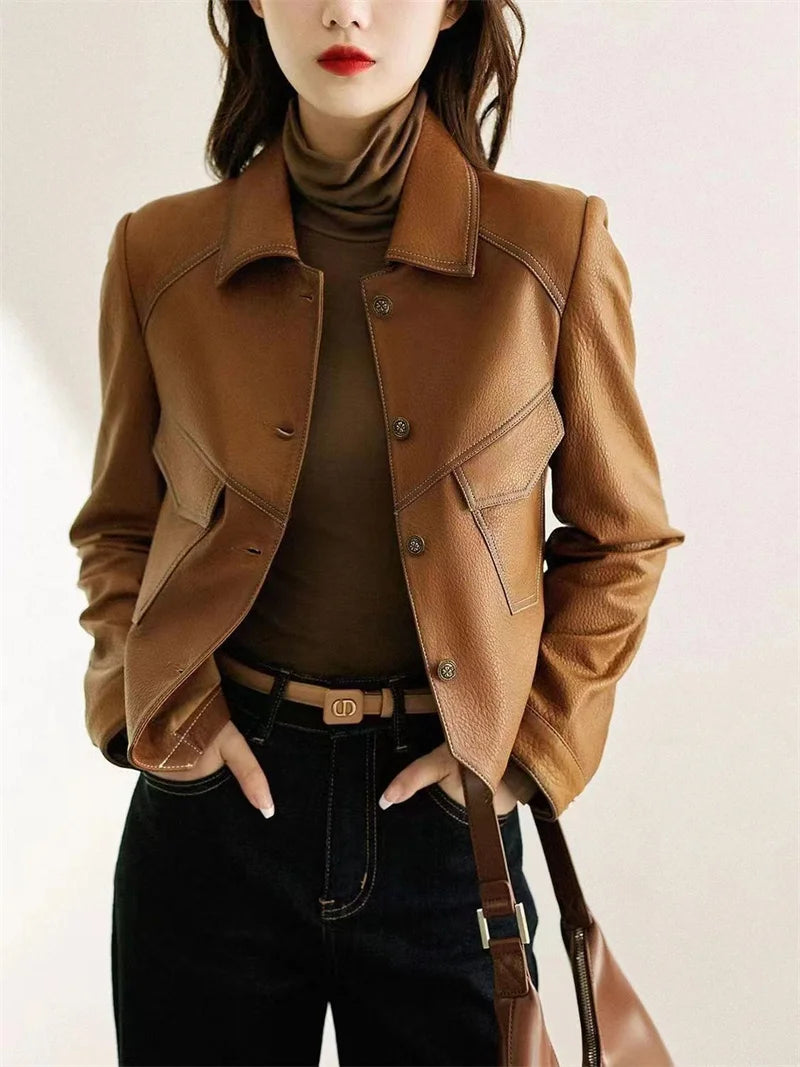 Jackets - Stitched Faux Leather Crop Jacket Outwear