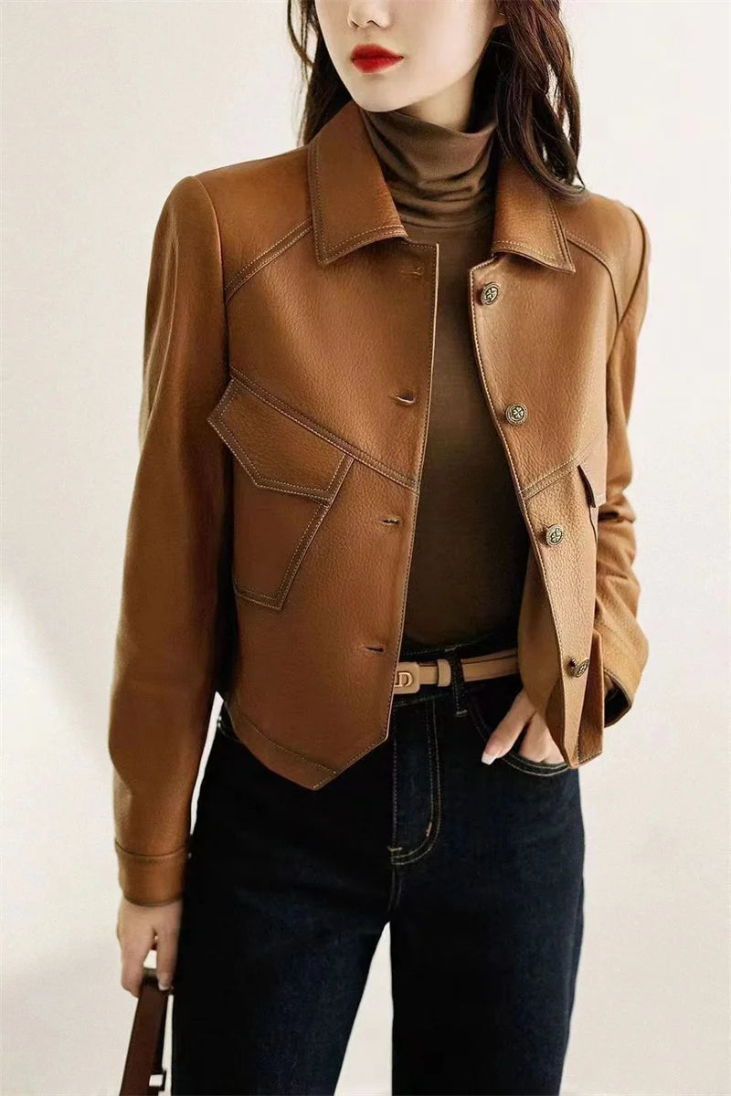 Jackets - Stitched Faux Leather Crop Jacket Outwear