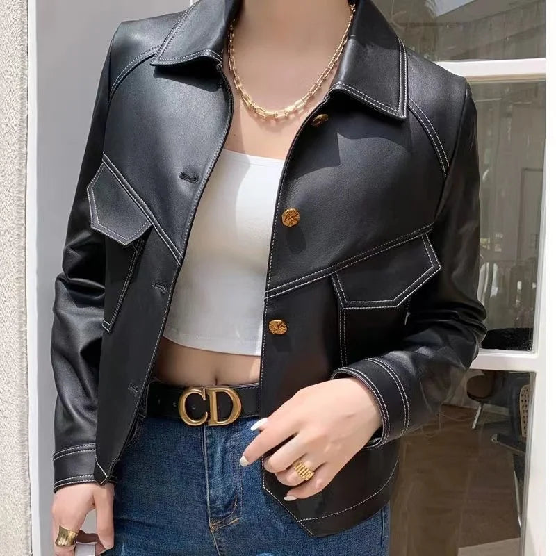 Jackets - Stitched Faux Leather Crop Jacket Outwear