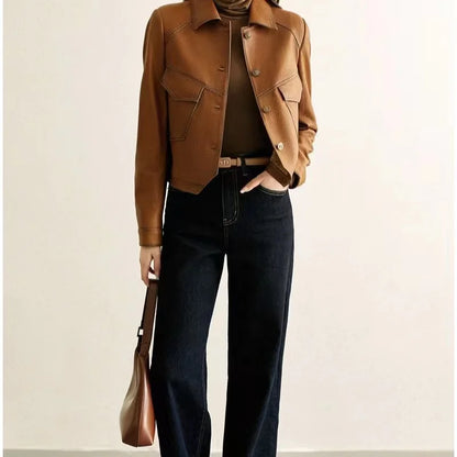 Jackets - Stitched Faux Leather Crop Jacket Outwear