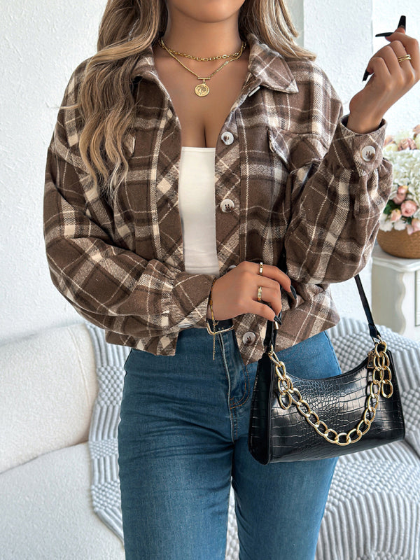 Jackets - Tan Plaid Shacket Autumn Crop Jacket