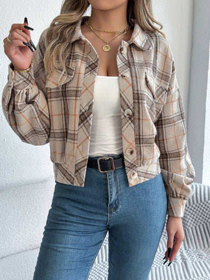 Jackets - Tan Plaid Shacket Autumn Crop Jacket