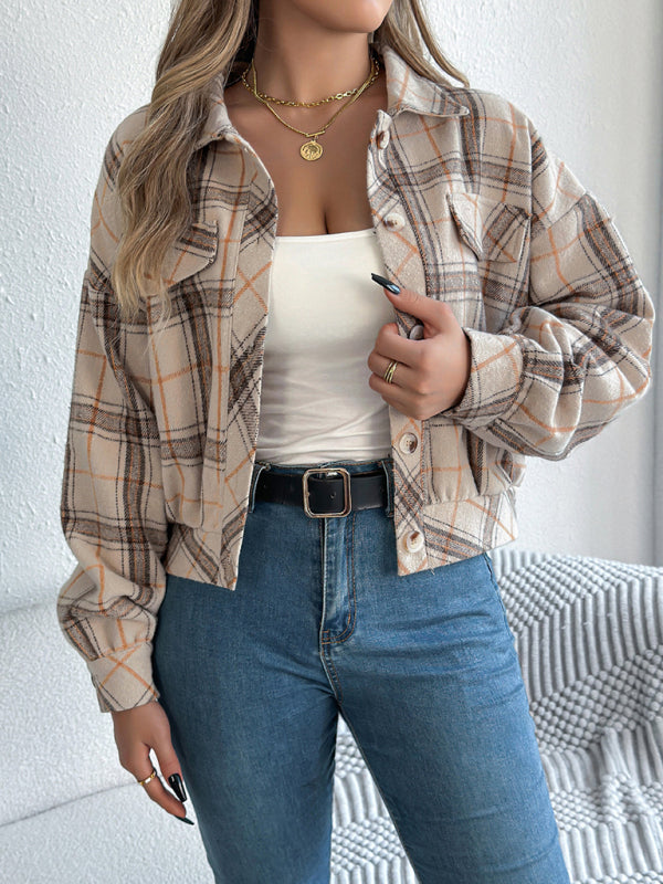 Jackets - Tan Plaid Shacket Autumn Crop Jacket