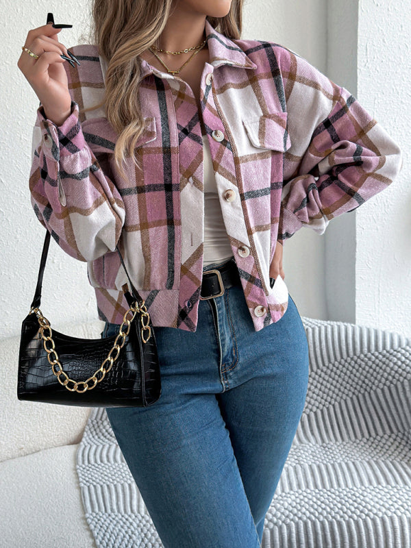 Jackets - Tan Plaid Shacket Autumn Crop Jacket