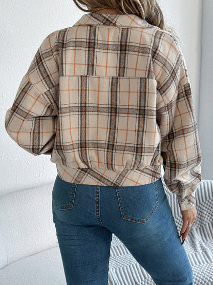 Jackets - Tan Plaid Shacket Autumn Crop Jacket