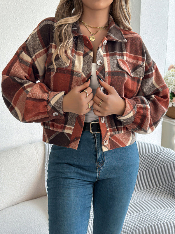 Jackets - Tan Plaid Shacket Autumn Crop Jacket