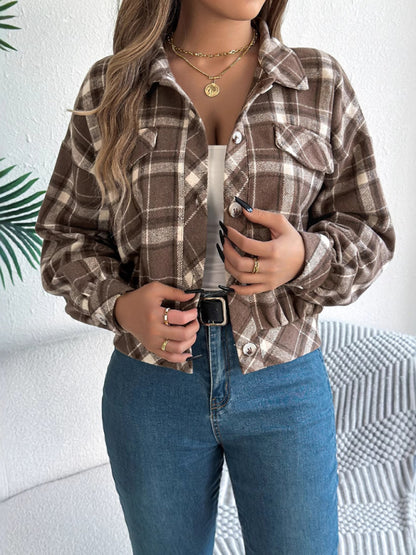 Jackets - Tan Plaid Shacket Autumn Crop Jacket