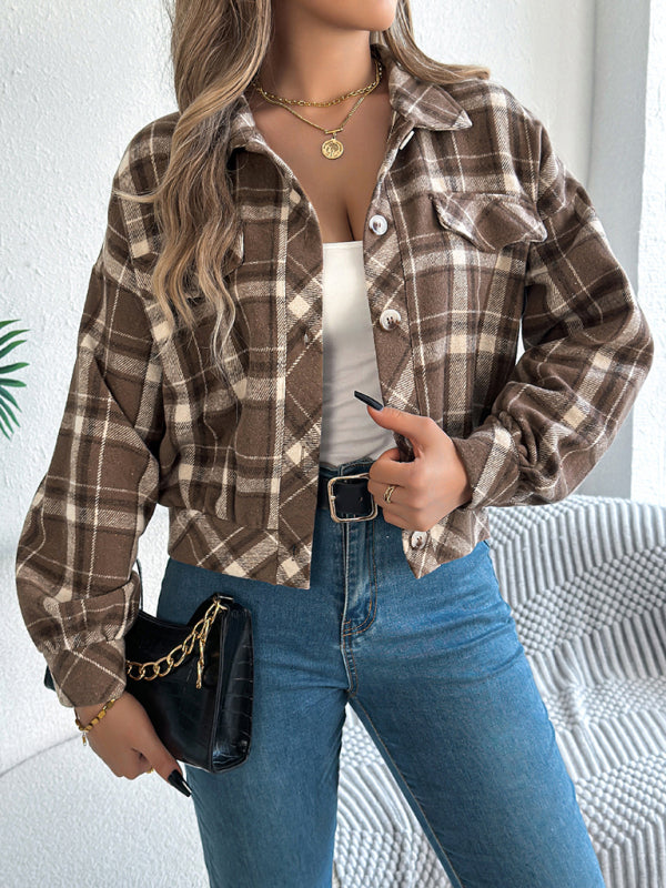 Jackets - Tan Plaid Shacket Autumn Crop Jacket