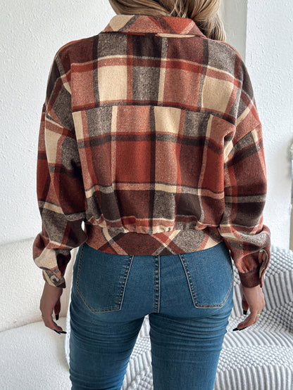 Jackets - Tan Plaid Shacket Autumn Crop Jacket