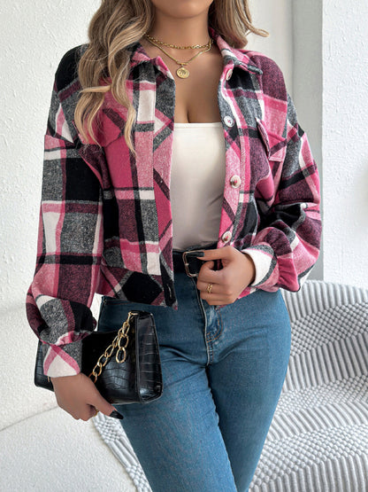 Jackets - Tan Plaid Shacket Autumn Crop Jacket