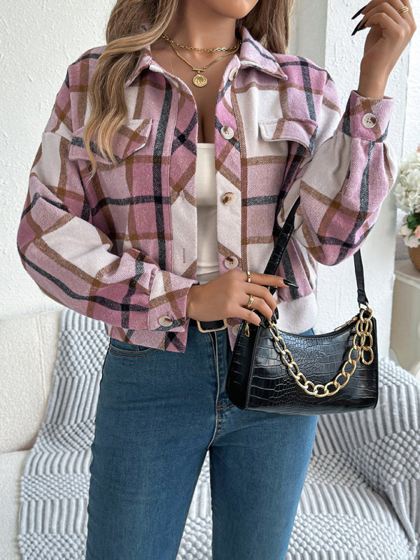 Jackets - Tan Plaid Shacket Autumn Crop Jacket