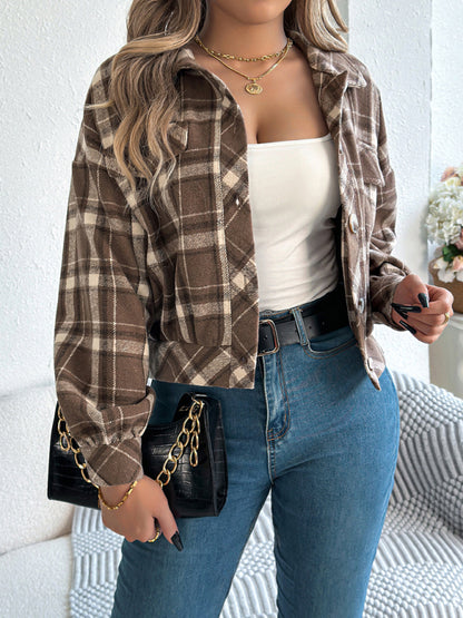 Jackets - Tan Plaid Shacket Autumn Crop Jacket