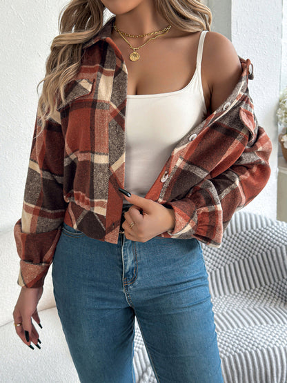 Jackets - Tan Plaid Shacket Autumn Crop Jacket