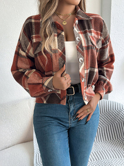 Jackets - Tan Plaid Shacket Autumn Crop Jacket