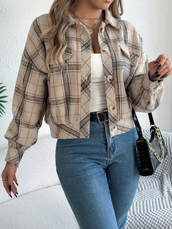 Jackets - Tan Plaid Shacket Autumn Crop Jacket