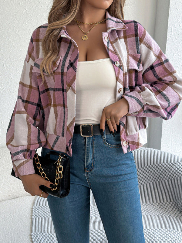 Jackets - Tan Plaid Shacket Autumn Crop Jacket