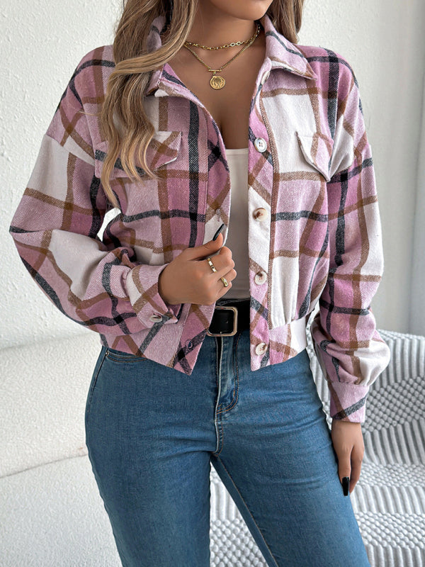 Jackets - Tan Plaid Shacket Autumn Crop Jacket