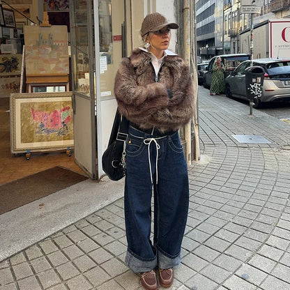 Jackets - Winter's Elegant Brown Faux Fur Jacket for Women