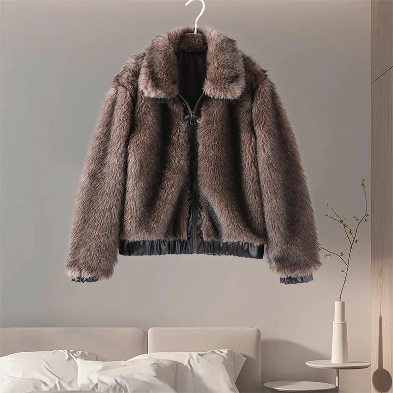 Jackets - Winter's Elegant Brown Faux Fur Jacket for Women