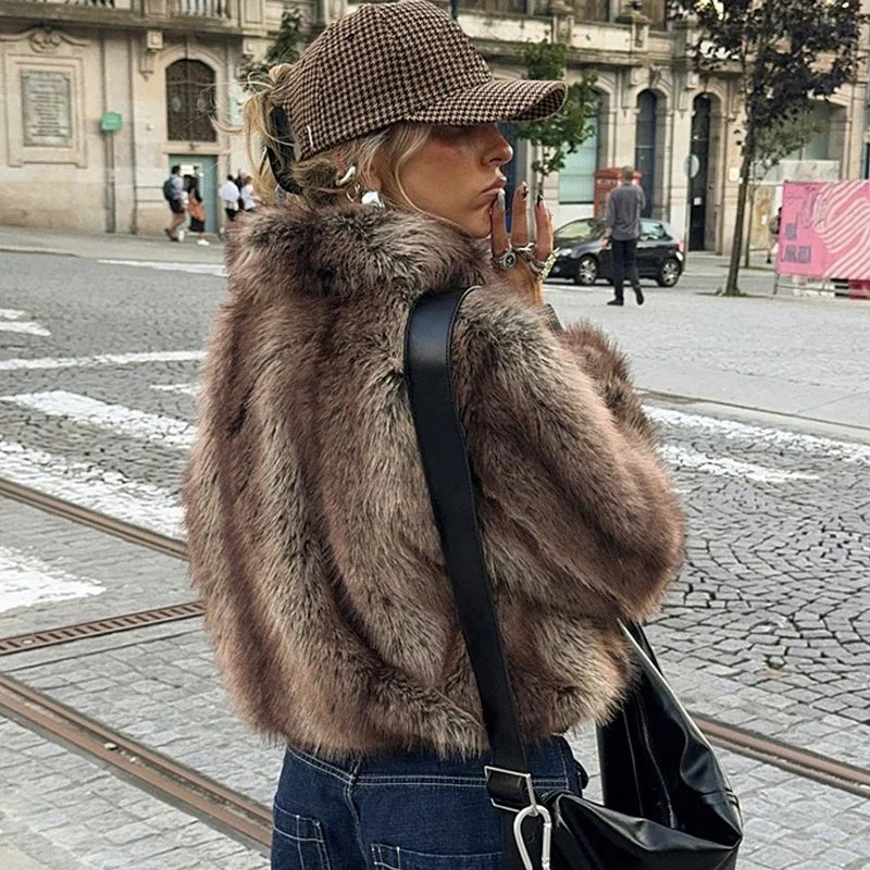 Jackets - Winter's Elegant Brown Faux Fur Jacket for Women