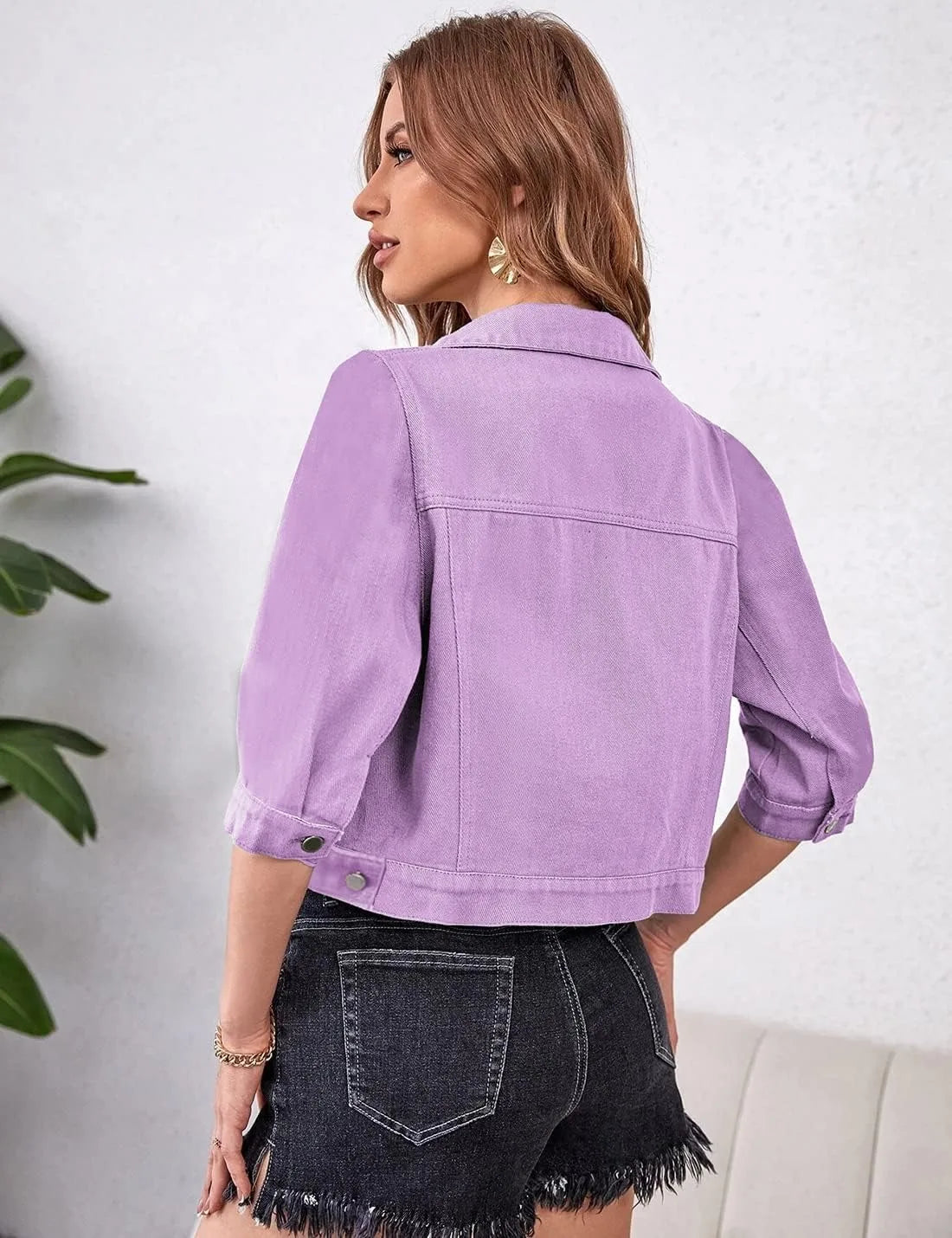 Jackets- Women Boxy Denim Jacket with 3/4 Sleeves- - Pekosa Women Fashion