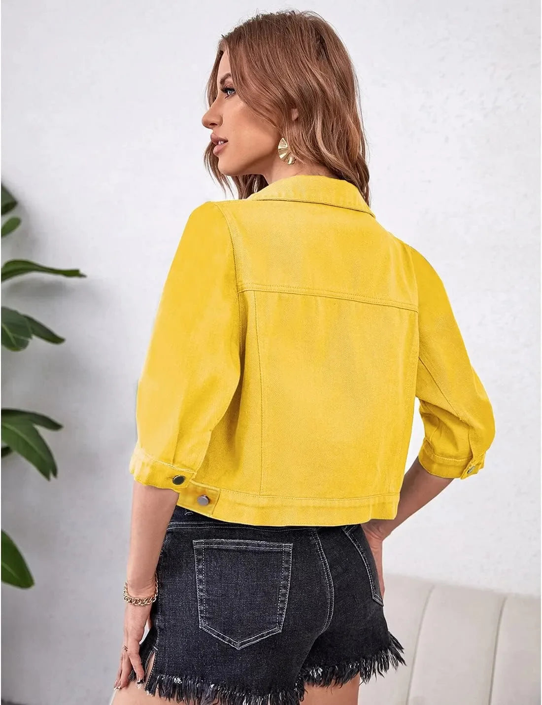 Jackets- Women Boxy Denim Jacket with 3/4 Sleeves- - Pekosa Women Fashion