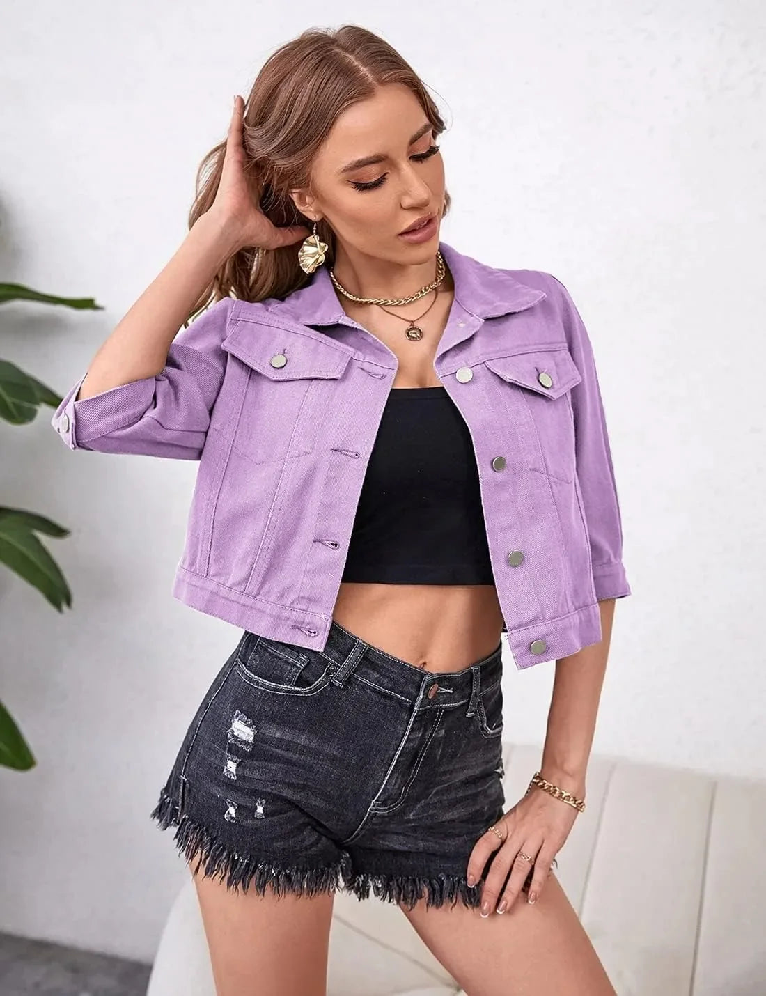 Jackets- Women Boxy Denim Jacket with 3/4 Sleeves- - Pekosa Women Fashion