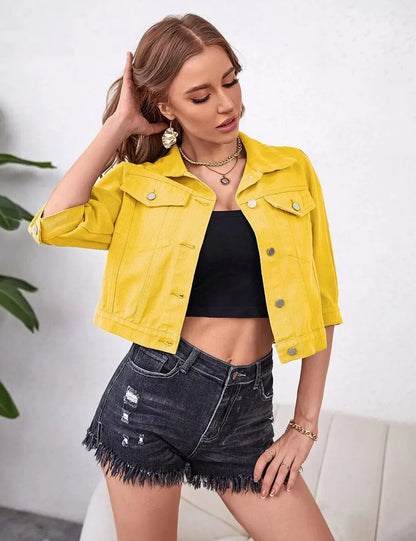 Jackets- Women Boxy Denim Jacket with 3/4 Sleeves- - Pekosa Women Fashion