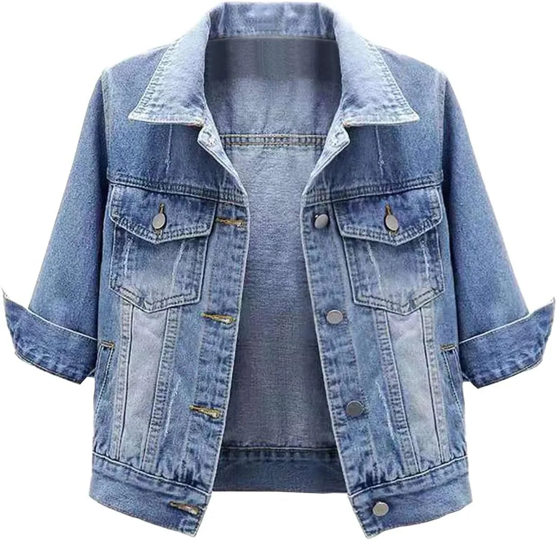 Jackets- Women Boxy Denim Jacket with 3/4 Sleeves- - Pekosa Women Fashion