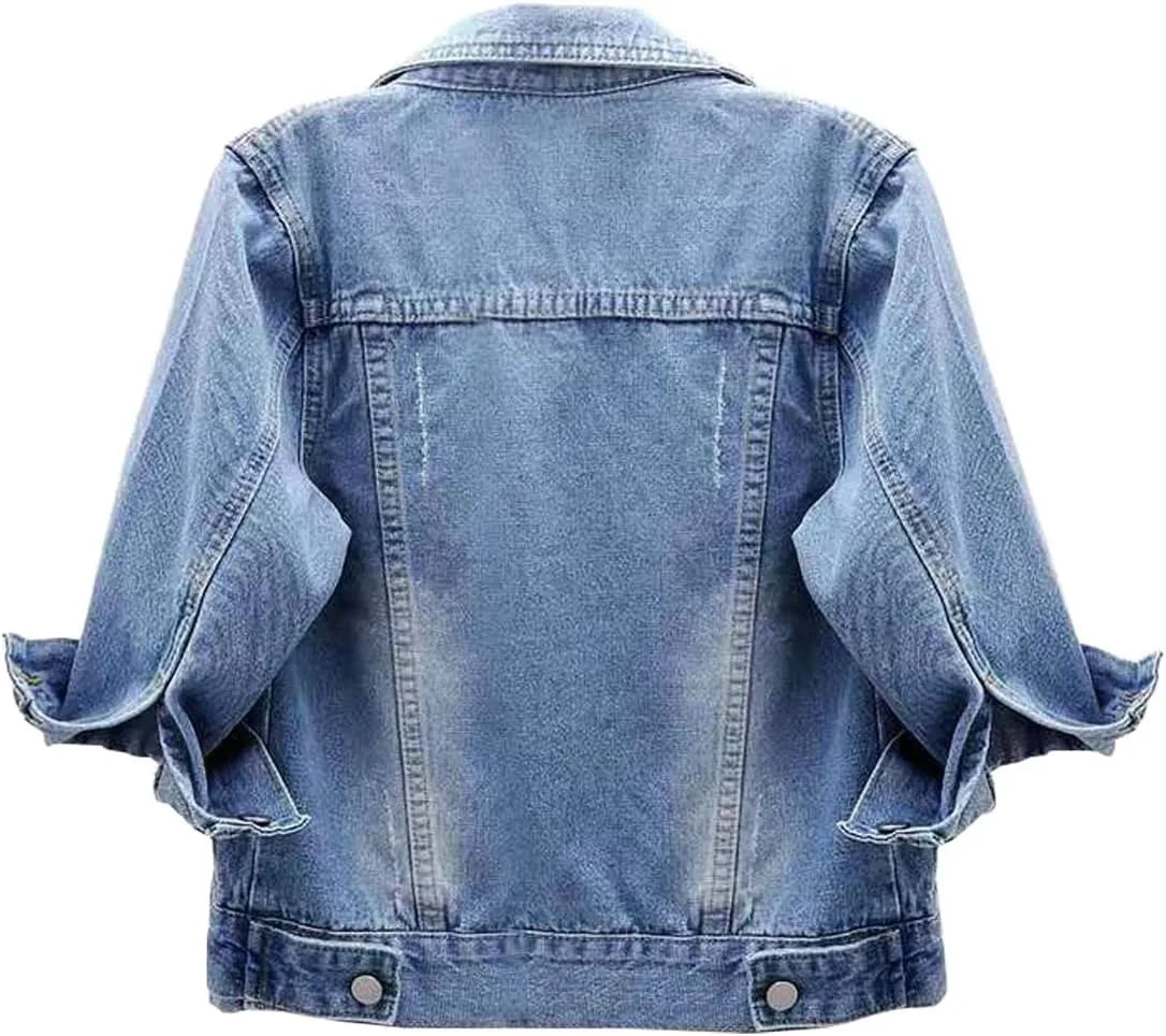 Jackets- Women Boxy Denim Jacket with 3/4 Sleeves- - Pekosa Women Fashion