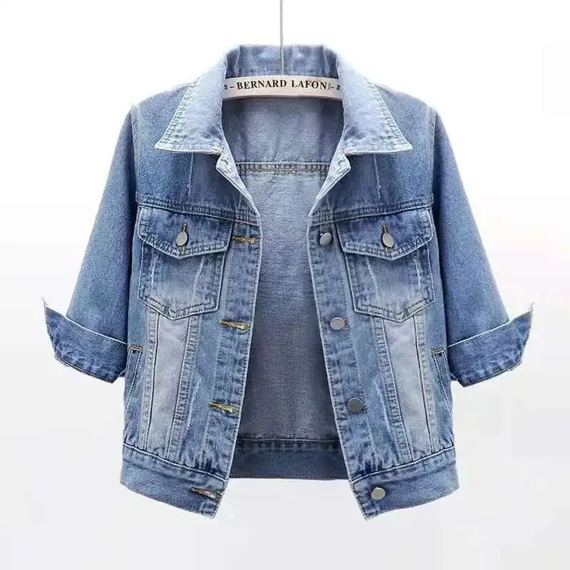 Jackets- Women Boxy Denim Jacket with 3/4 Sleeves- Blue- Pekosa Women Fashion