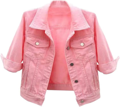 Jackets- Women Boxy Denim Jacket with 3/4 Sleeves- - Pekosa Women Fashion