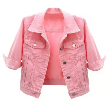 Jackets- Women Boxy Denim Jacket with 3/4 Sleeves- Pink- Pekosa Women Fashion