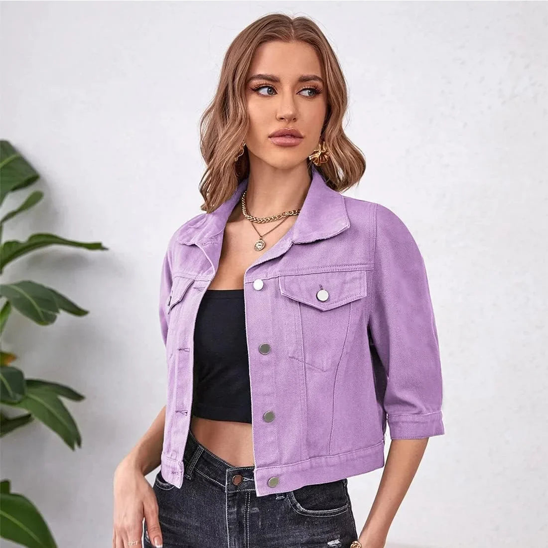 Jackets- Women Boxy Denim Jacket with 3/4 Sleeves- - Pekosa Women Fashion