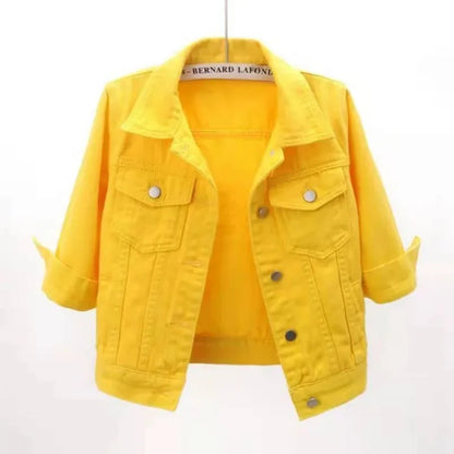 Jackets- Women Boxy Denim Jacket with 3/4 Sleeves- Yellow- Pekosa Women Fashion