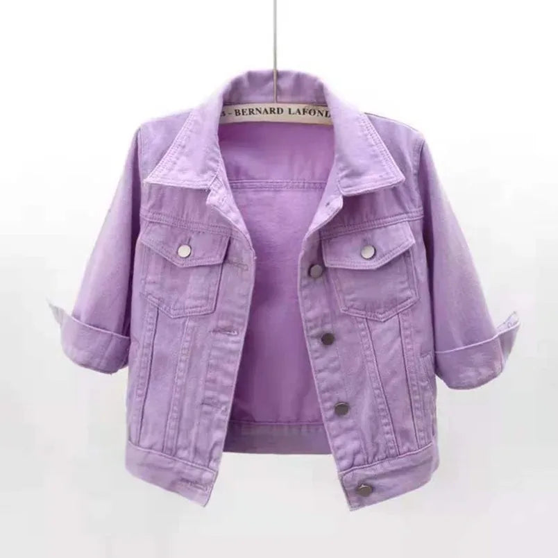 Jackets- Women Boxy Denim Jacket with 3/4 Sleeves- Purple- Pekosa Women Fashion