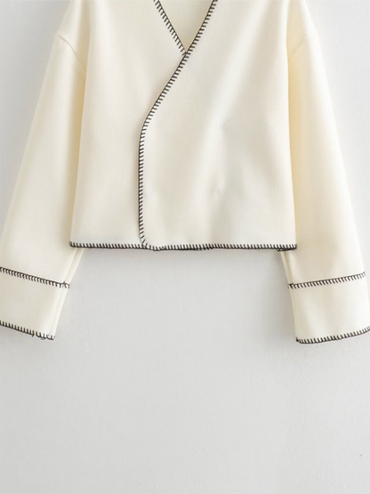 Jackets- Women Cream Jacket with Bold Black Trim- - Pekosa Women Fashion