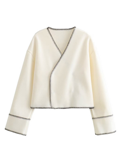 Jackets- Women Cream Jacket with Bold Black Trim- Cream- Pekosa Women Fashion