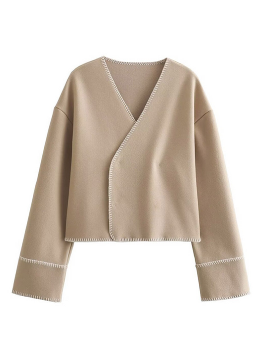 Jackets- Women Cream Jacket with Bold Black Trim- Khaki- Pekosa Women Fashion